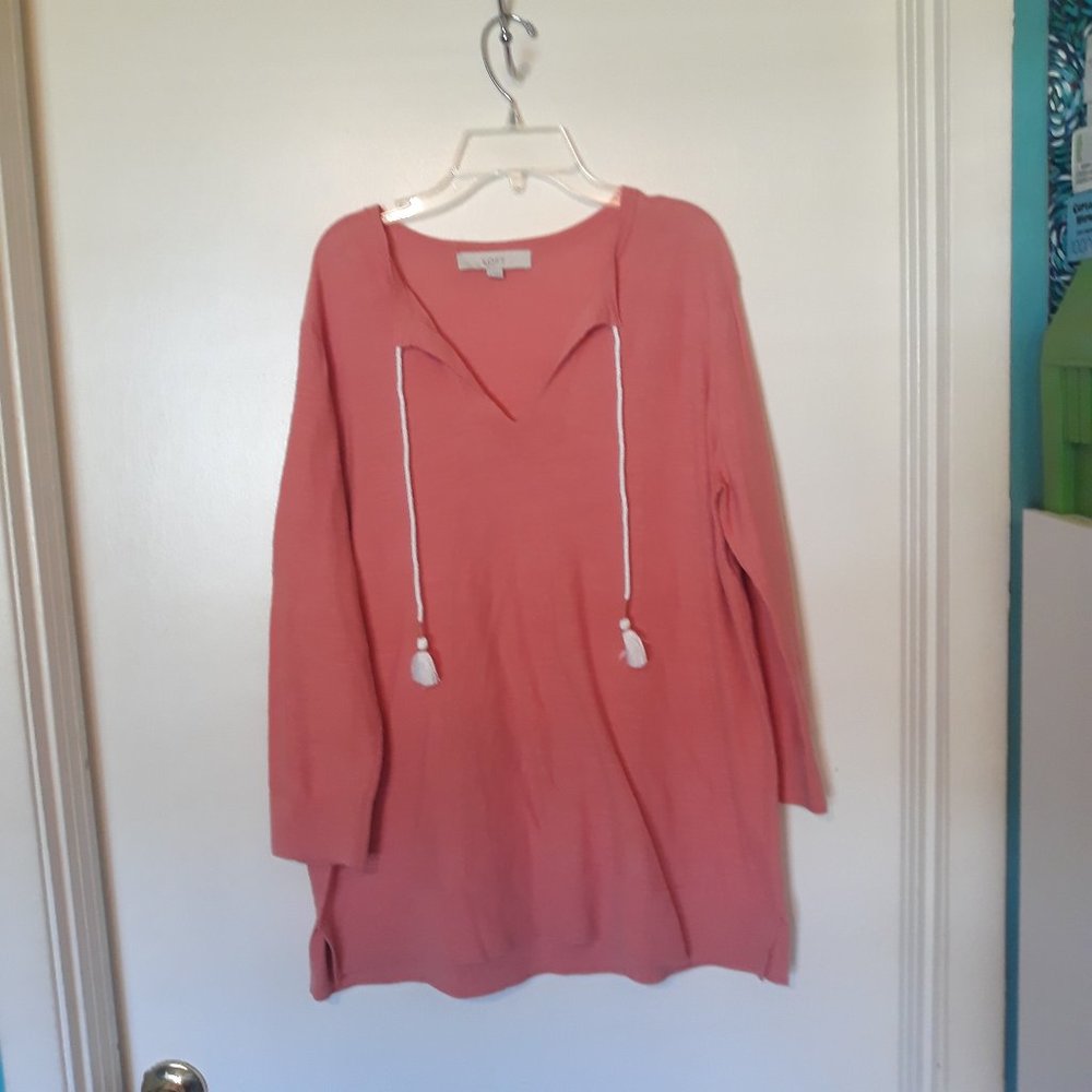 Loft Women Large Tunic Split V Neck Tassel Tie Pu… - image 2